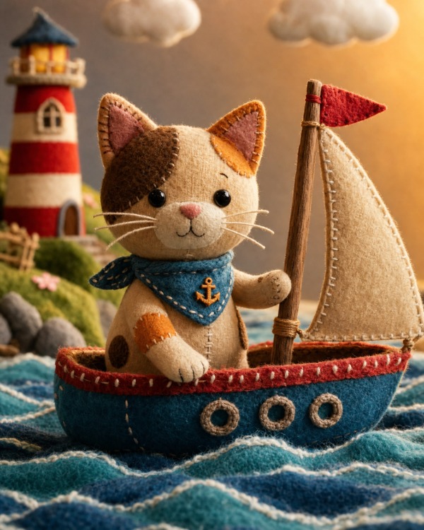 A stop-motion animation style scene featuring a whimsical fabric sculpture of a [Subject]…